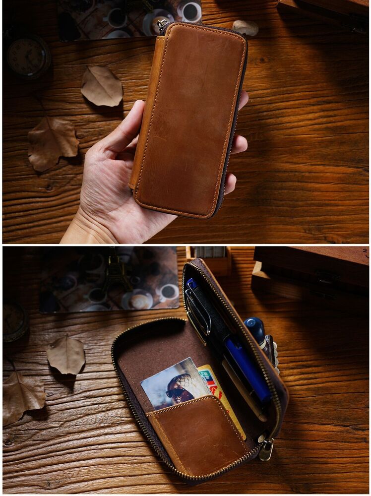 Handmade Cowhide Leather Zipper Pen Case, Pencil Case Stationery Storage Bag
