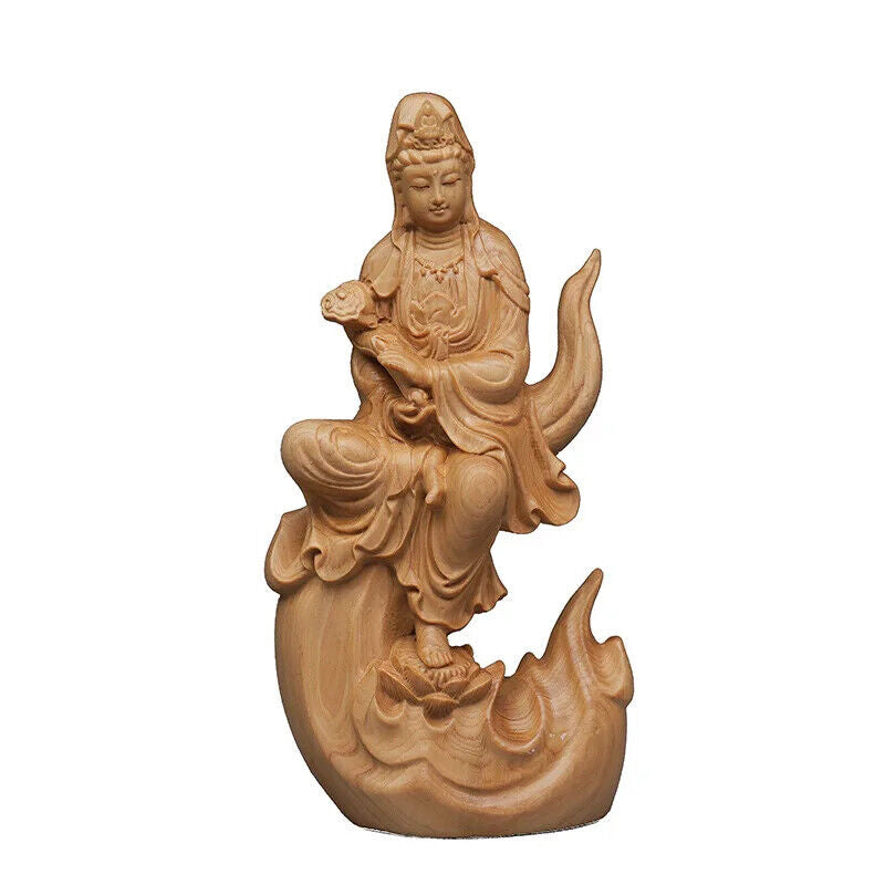 Wood Carving Flame Guanyin Decorative Statue Chinese Feng Shui Bedroom Figurines
