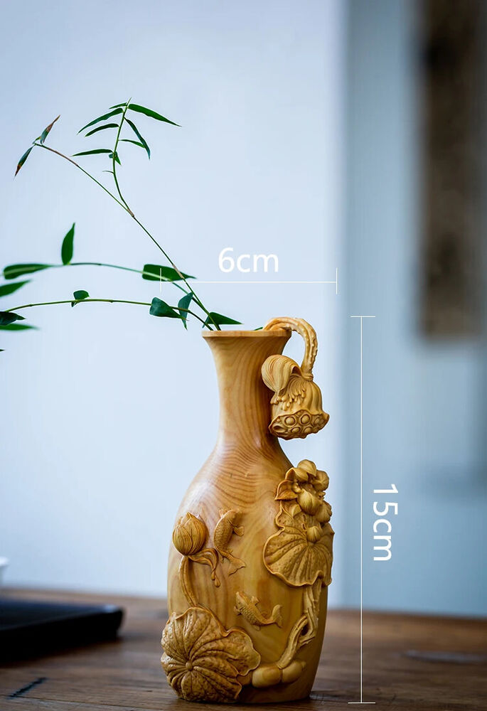 15cm Vase Wood Carving Chinese Carp with Lotus Vase Poplar Real Wood Home Decor