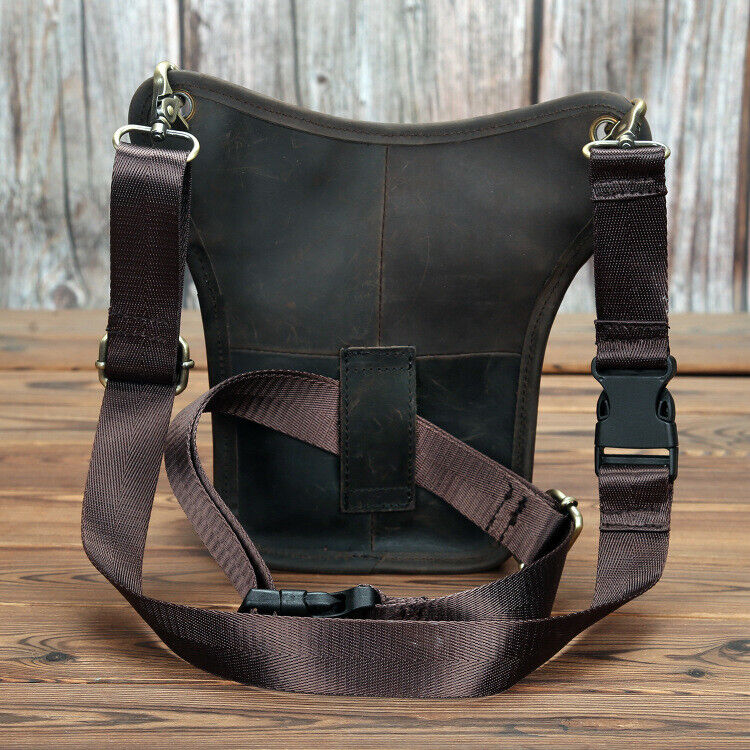 Mens Motorcycle Crazy Horse Leather Drop Leg Bag Tactical Thigh Waist Fanny Pack