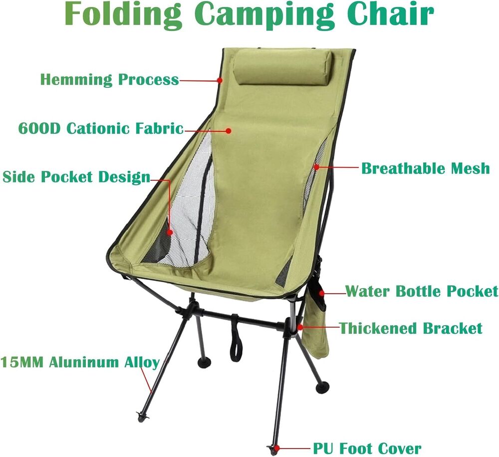 Ultralight High Back Outdoor Folding Camping Chair with Pillow and Cup Bag Beach