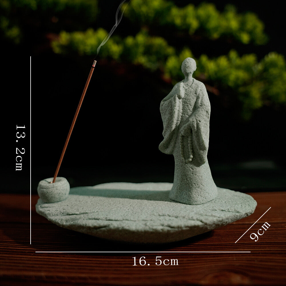 Zen Green Sand Stone Chinese Monk Tea Ceremony Buddha Bonsai Tank Decoration