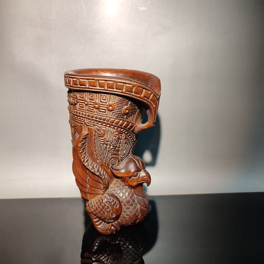 5" chinese wood beautiful brush pot wooden decor boxwood carving phoenix statue