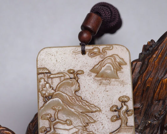 Chinese Natural Hetian Jade Carved Landscape Statues Exquisite Pendant Jewelry