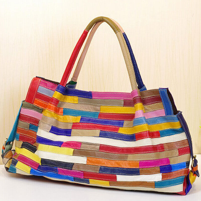 Genuine Leather Colorful Blocks Patchwork Handbags Large Capacity Women's Tote