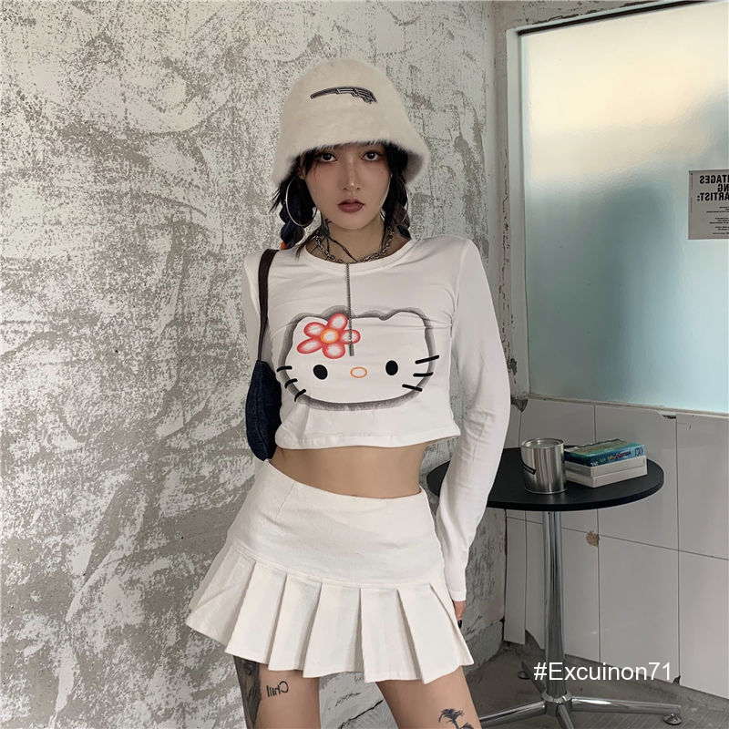 Hello Kitty cute Long Sleeved T Shirt Sexy Printed Round Neck Women Y2K Slim Top