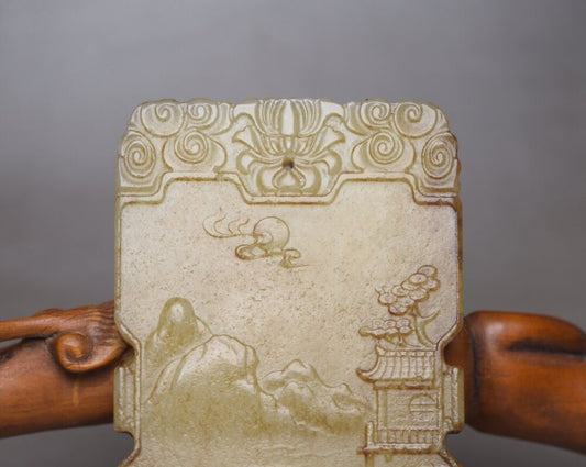 Chinese Natural Hetian Jade Carved Landscape Statues Exquisite Pendant Jewelry
