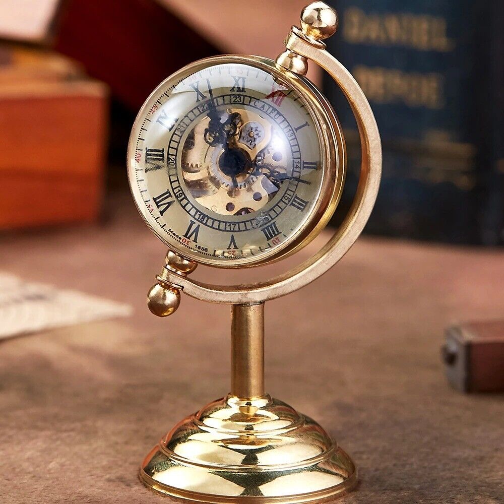 Pocket Watch Alloy Globe Shaped Golden Mechanical Hand Wind Unique Desk Ornament