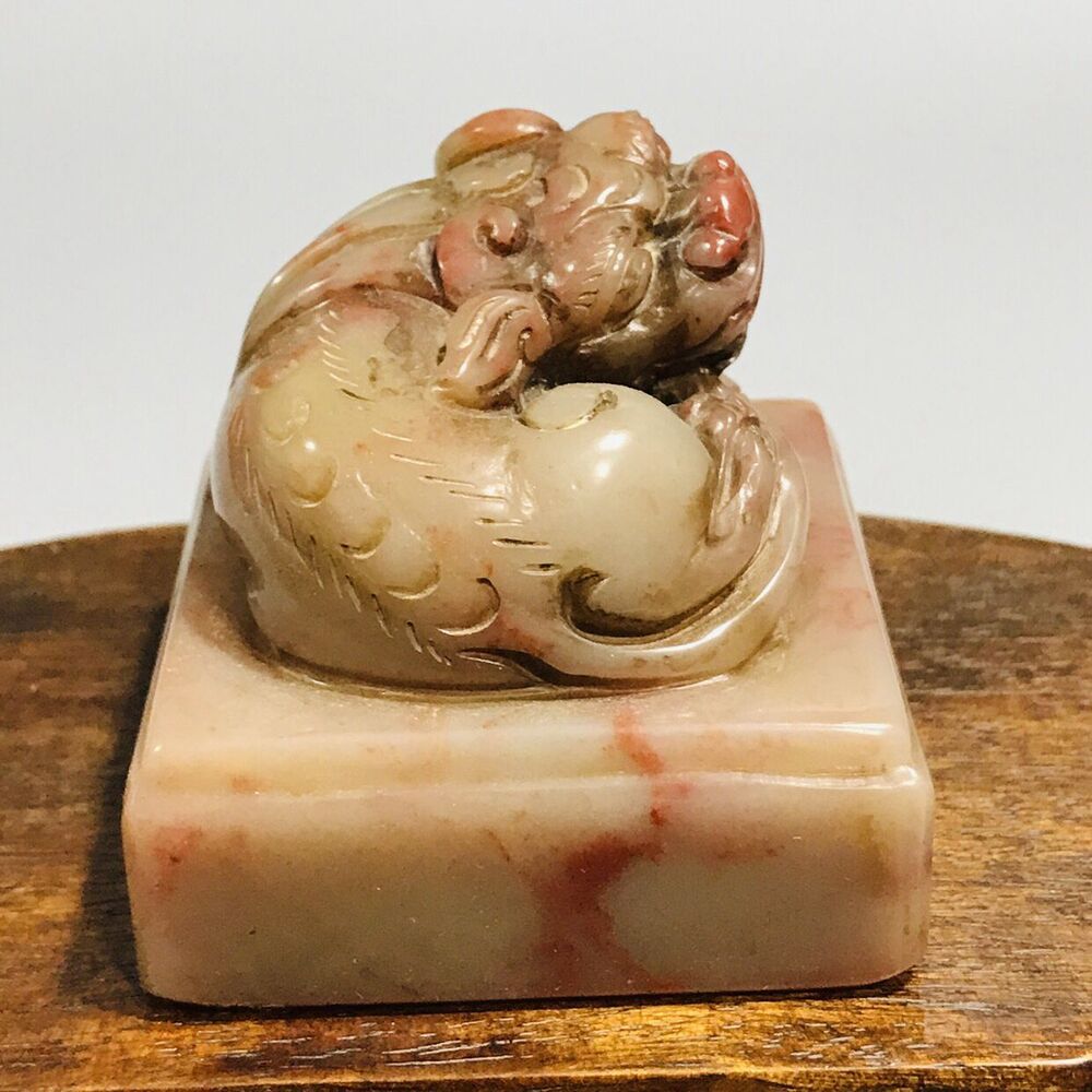 Chinese Fuzhou Shoushan Stone Carving Nice Beast Seal Statue Figurines Art Work