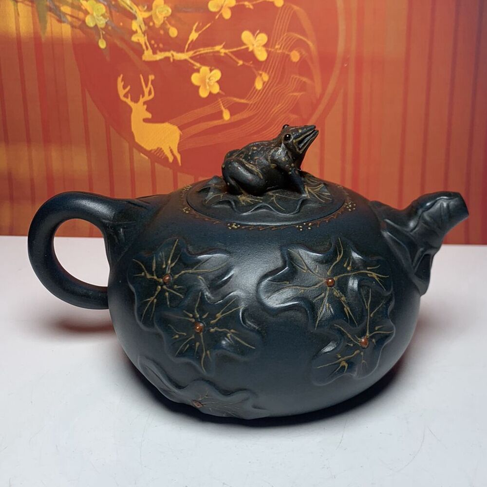 vintage chinese yixing purple clay teapot zisha ceremony lotus leaf frog teaware
