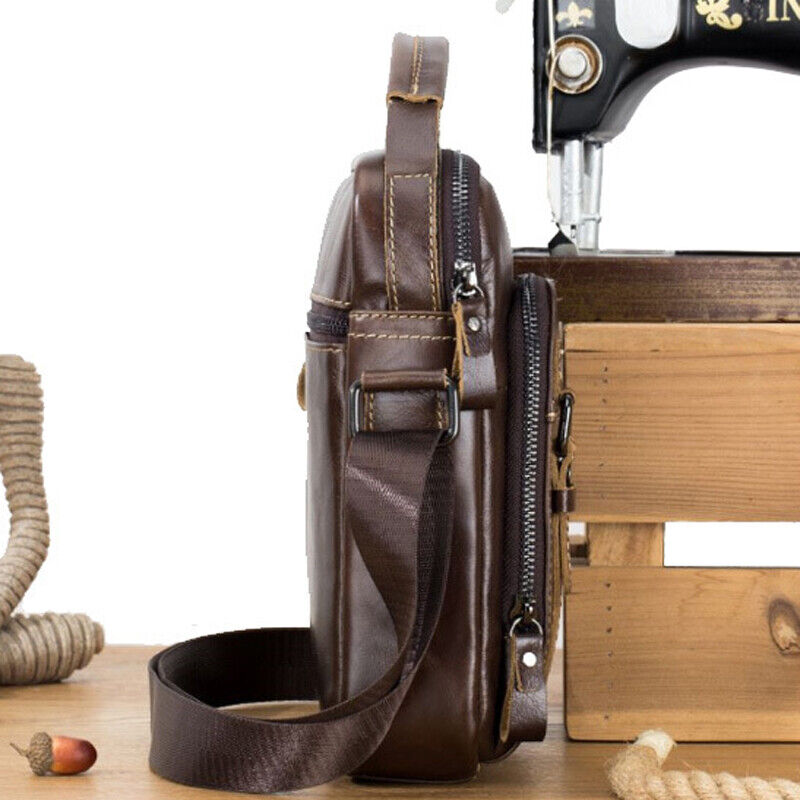 100% Genuine Leather Men's Sling Shoulder/Messenger Bag Double Zipper 8" Handbag