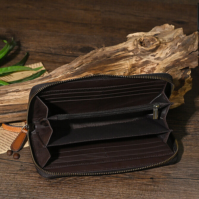 Genuine Leather Carving Crafted Vintage Long Wallet Handheld Bag Clutch Bag Men