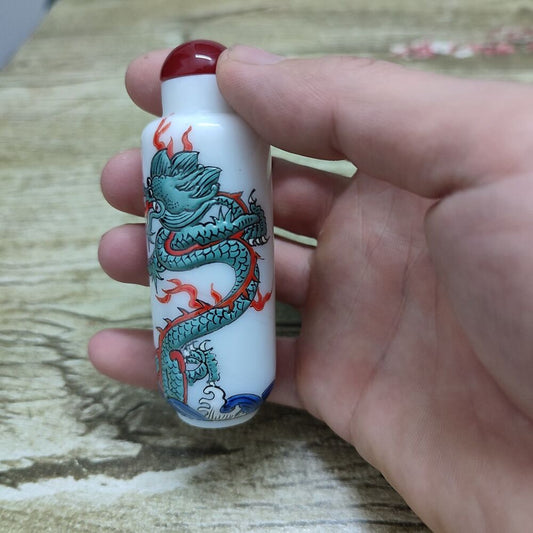 Chinese Peking Glass Snuff Bottle Painting Dragon Sculpture Statue Awesome Rare
