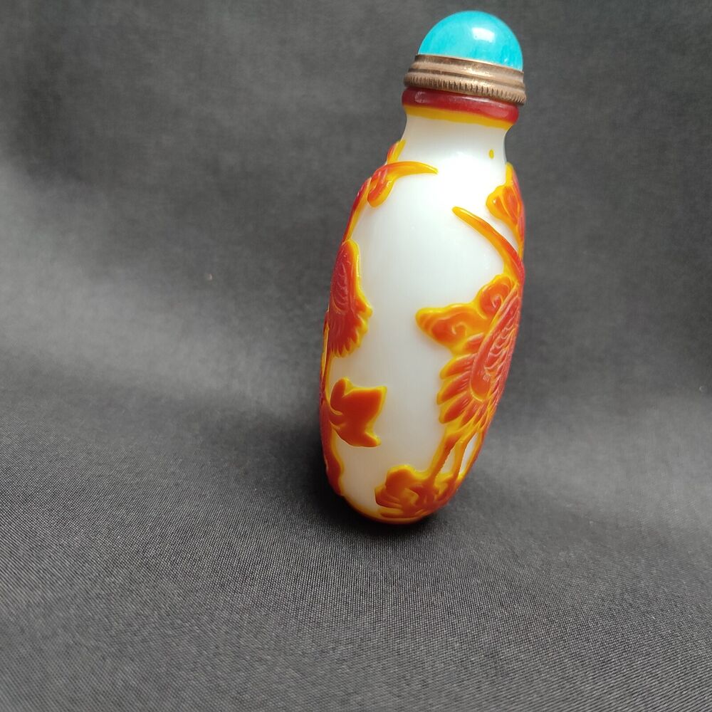 Chinese Crane Statue Carved Glass Snuff Bottle Orane Sculpture dragon kylin Rare