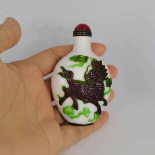 Chinese Old Beijing Glaze Carved Unicorn Statue Snuff Bottle Collectibles Art