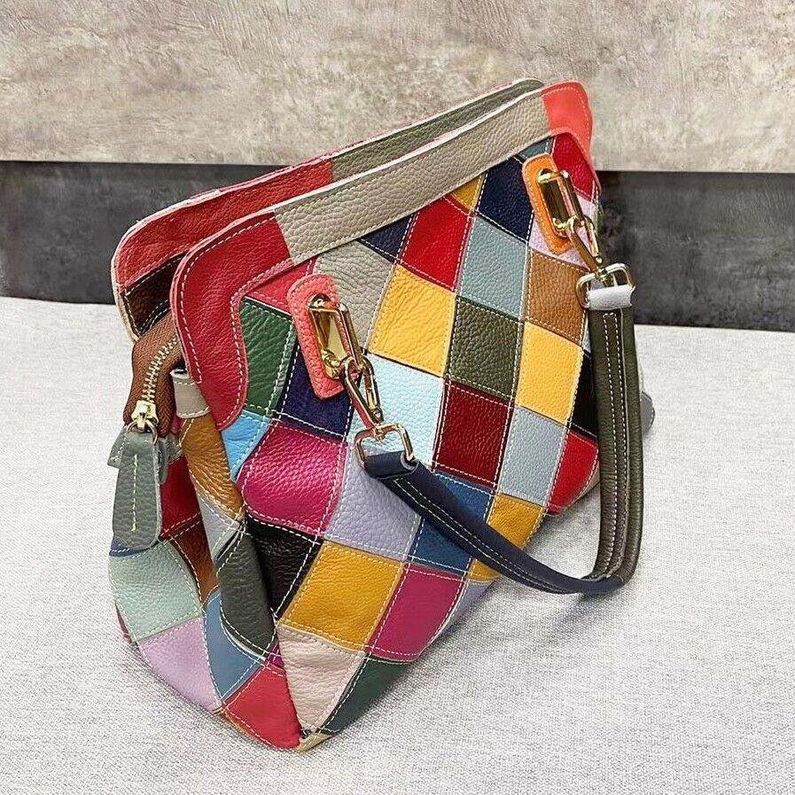 100% Genuine Leather Colorful Patchwork Handbag Women's Tote Shoulder Bag