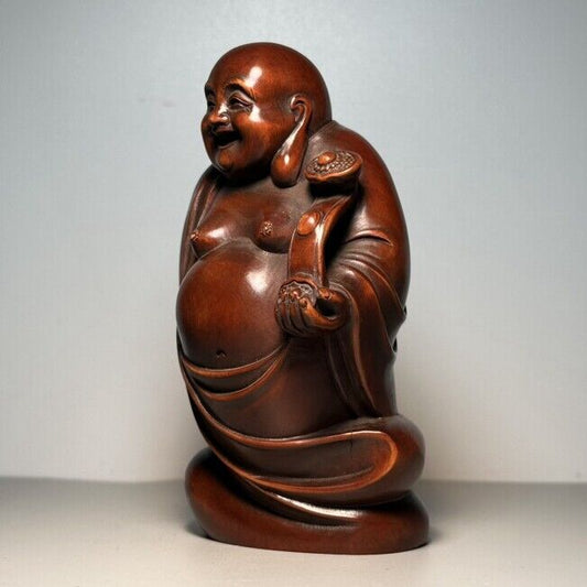 Chinese Vintage Boxwood Carved Laughing Buddha Statue Decor Wooden Sculpture Art
