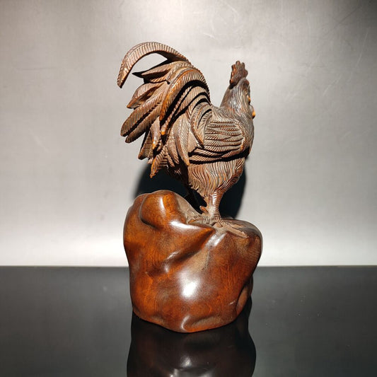 5" vintage Boxwood chinese antique wooden carving Rooster statue wood home decor