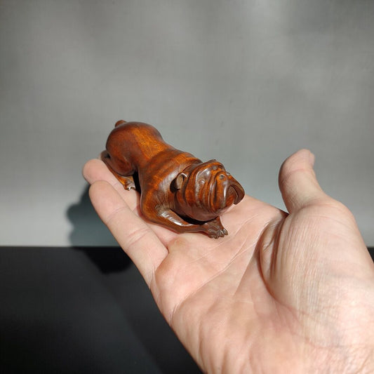 vintage wood carving home decor wooden sculpture Boxwood dog pet Bulldog statue