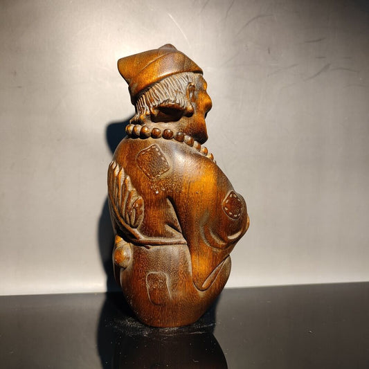 Boxwood Carved Wooden Happy Buddha Statue Wood For Home Decor Monk Drink Wine
