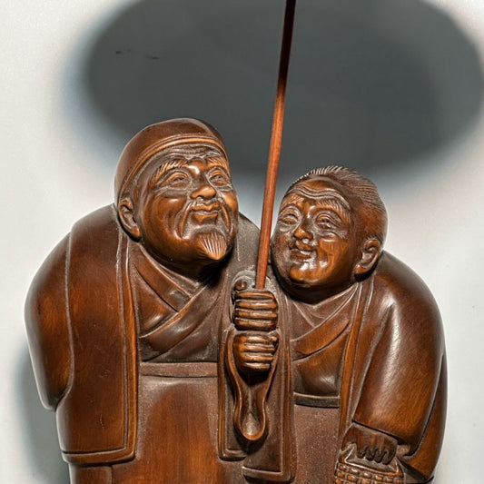 Vintage Chinese Antique Boxwood Carving Old Men Women Statue Wooden Home Decor