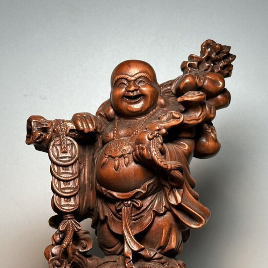Boxwood Carved Wooden Laughing Buddha Statue Vintage Wood Figurine Decor Praying