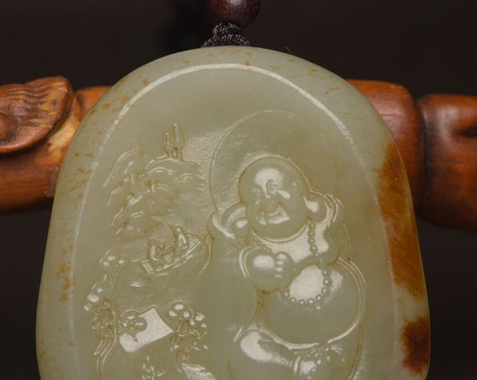 Chinese Natural Hetian Jade Carving Laughing Buddha Statue Luck Pendant Jewelry