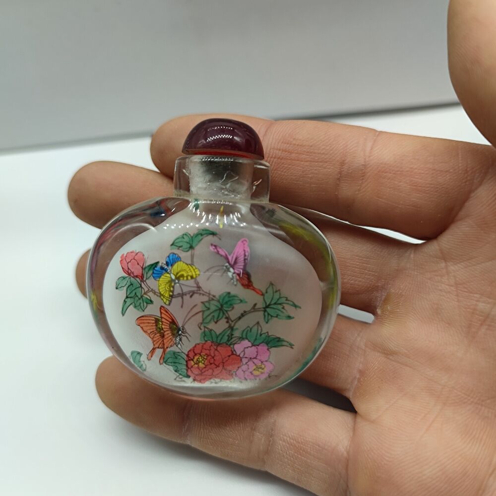 Chinese Peking Glass Snuff Bottle Inside Painting Flower Box Art Beauty Glazed