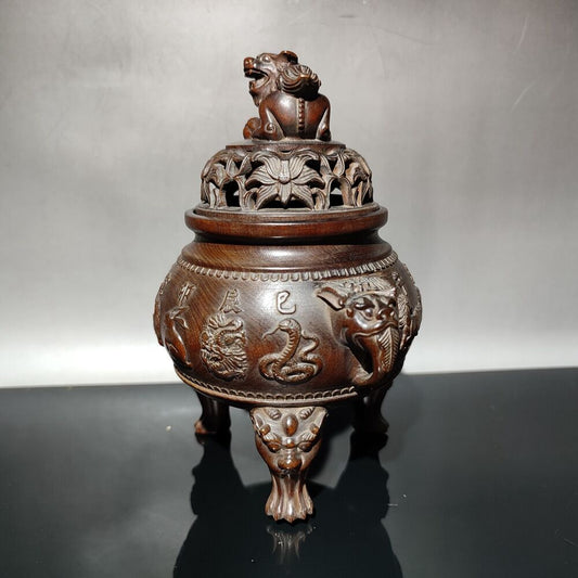 Boxwood Tripod Censer buddha incense holder lion statue Animal figurines antique