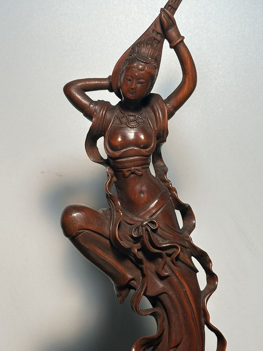 Vintage Chinese Boxwood Carving A Pair Pretty Woman Statue Wood Sculpture Decor