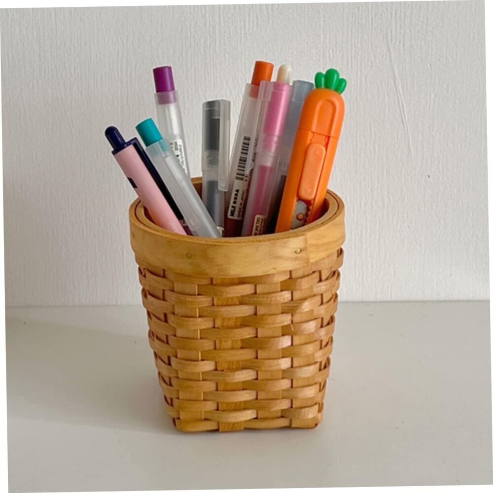 Wooden Pen Holder Woven Flower Arrangement Basket Makeup Brush Holder Desk Gift