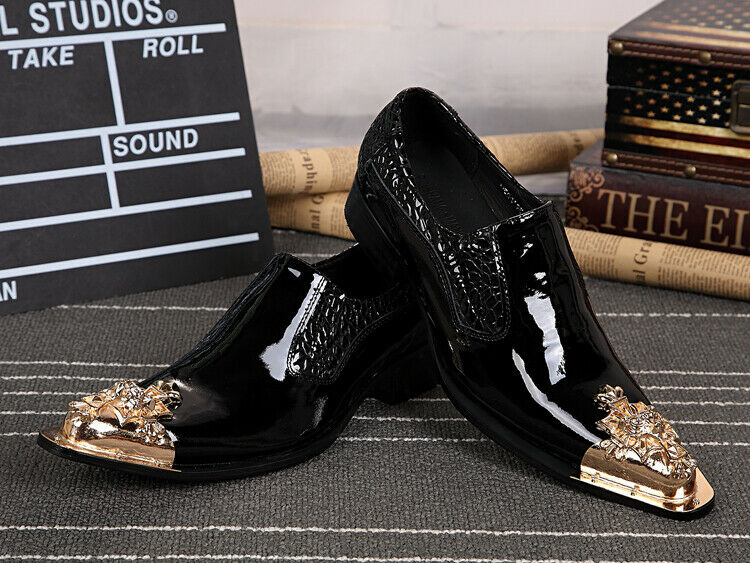 Mens Slip On Leather Metal Pointy Toe Formal Dress Business Flat Heel Shoes New
