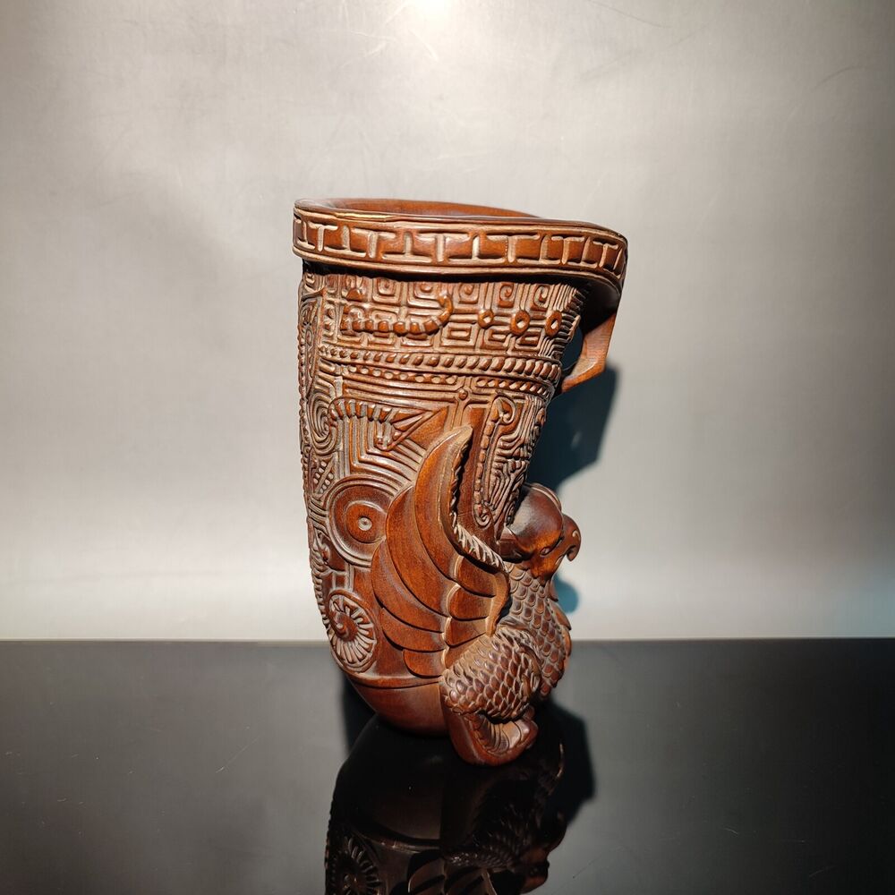 5" chinese wood beautiful brush pot wooden decor boxwood carving phoenix statue