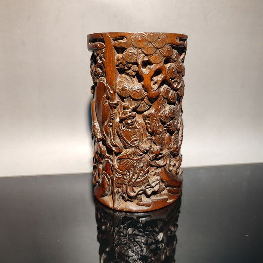 chinese carved brush pot pots pen case statue antique wood carving Warrior story