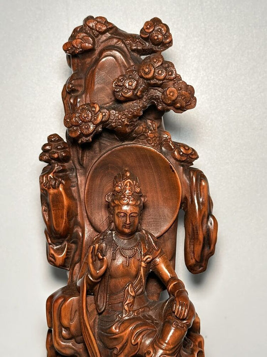 Vintage Wooden Sculpture Buddha Decor Art Chinese Boxwood Carved Kwan Yin Statue