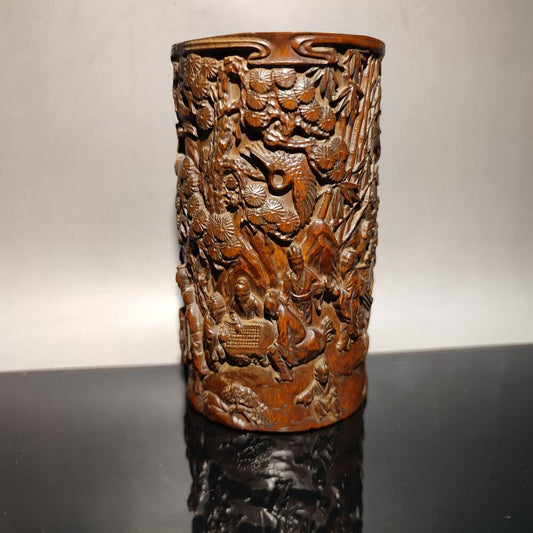chinese carved brush pot pots pen case statue wood carving Happy child story men