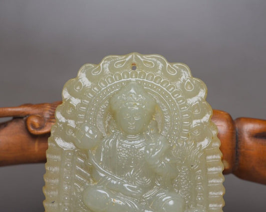 Chinese Natural Hetian Jade Carving Dragon Kuan Yin Statue Lucky Pendant Amulets