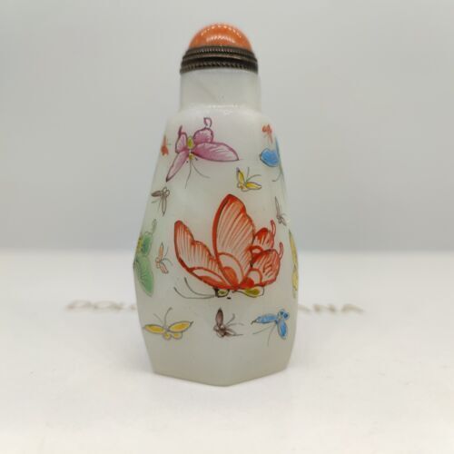 vintage chinese peking glass snuff bottle painted butterfly Liuli painting rare