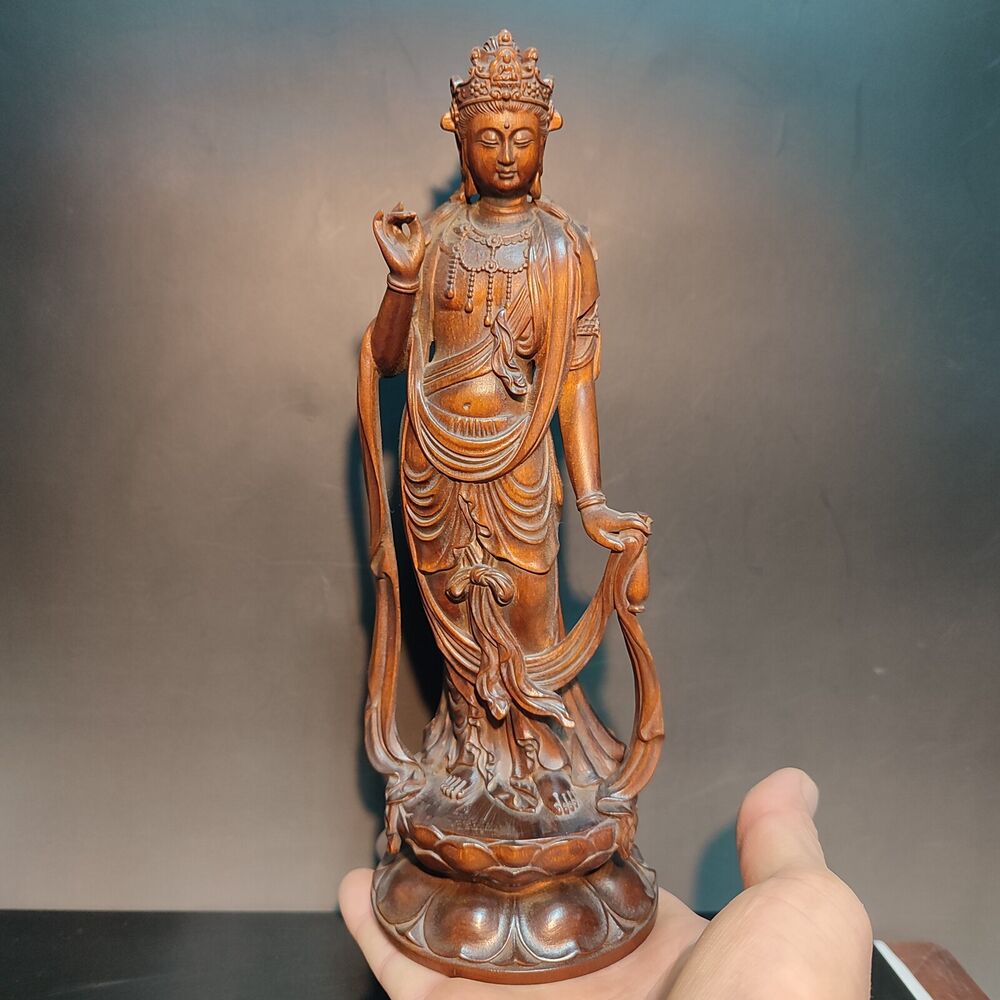 8" Carved Guan Yin Statue Wooden Buddha Quan Kwan Yin Bodhisattva Praying Figure