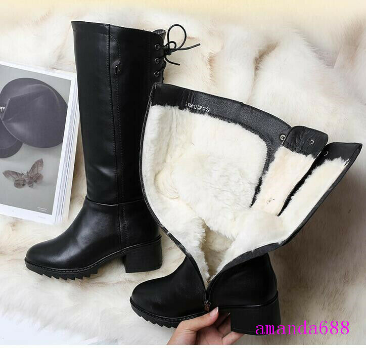 Womens Knee High Boots Winter Warm Natural Wool Boots Genuine Leather Snow Boots