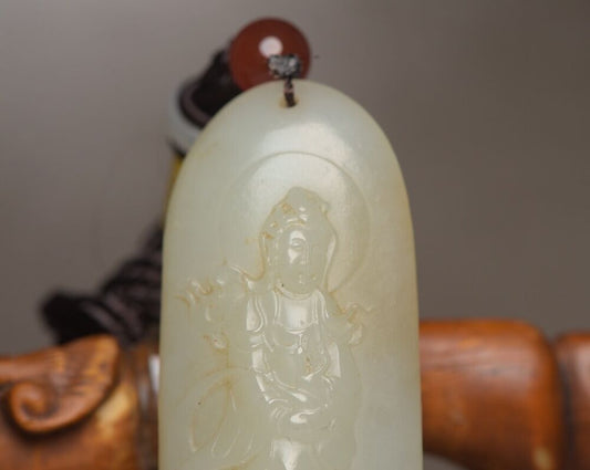 Chinese Top Natural Hetian Jade Carved Kwan Yin Statue Good Luck Pendant Jewelry