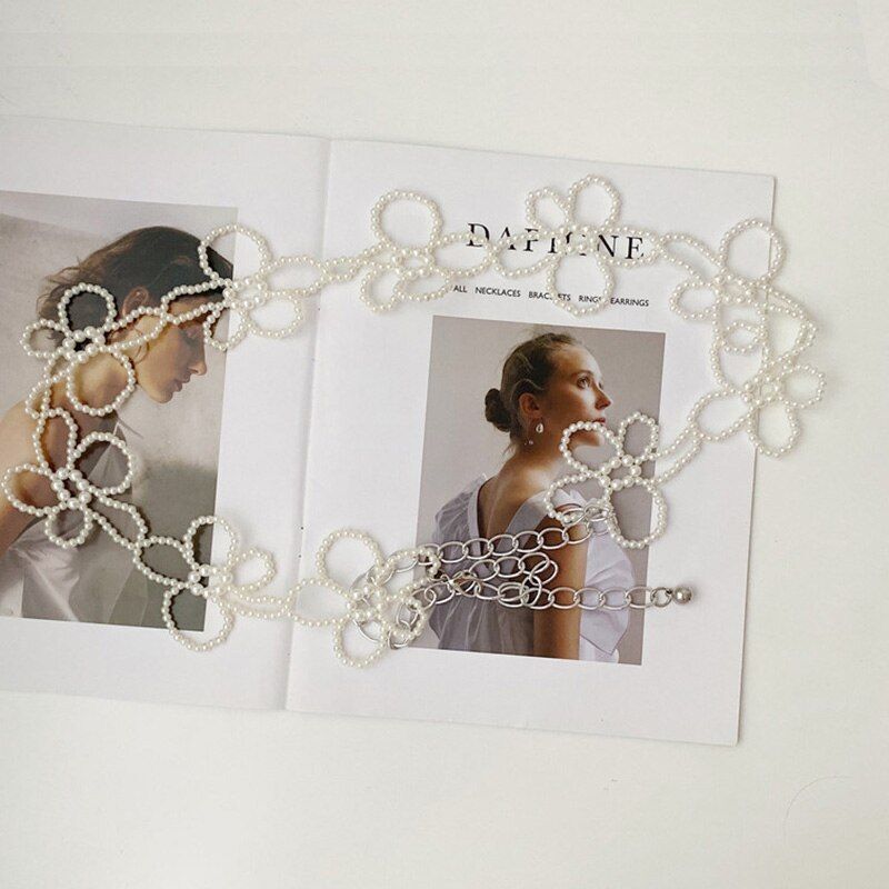 Women Belt Fashion Decorative Harness Waist Chain Strap 120cm Alloy Pearl Flower