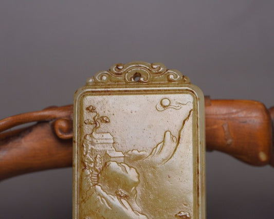 Chinese Natural Hetian Jade Carving Exquisite Landscape Statues Pendant Jewelry