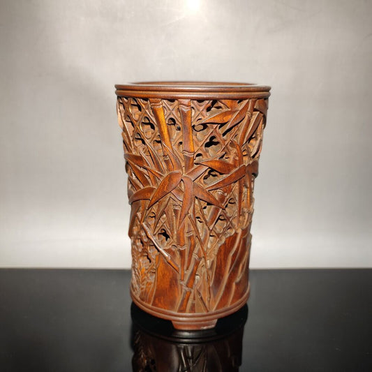chinese bamboo carving antique carved brush pot pen case wood statue bamboo leaf