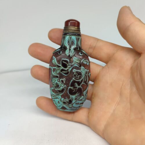 vintage carved glass snuff bottle snuffbox rare glaze Figure-story antique child