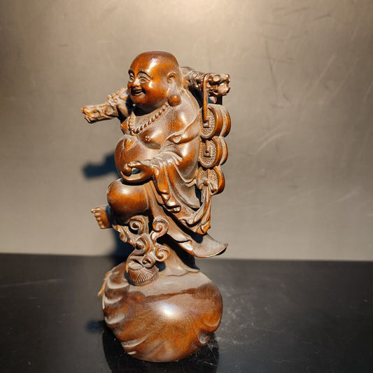 Boxwood carving wooden buddha statue laughing Amitabha sculptures decor figurine