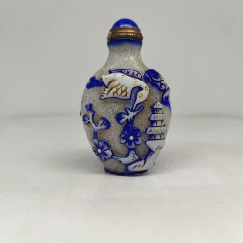 collections Old Beijing chinese glass snuff bottle carved crane statue carving