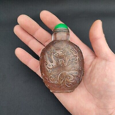 antique chinese snuff bottle peking glass clean vintage Carved dragon statue art