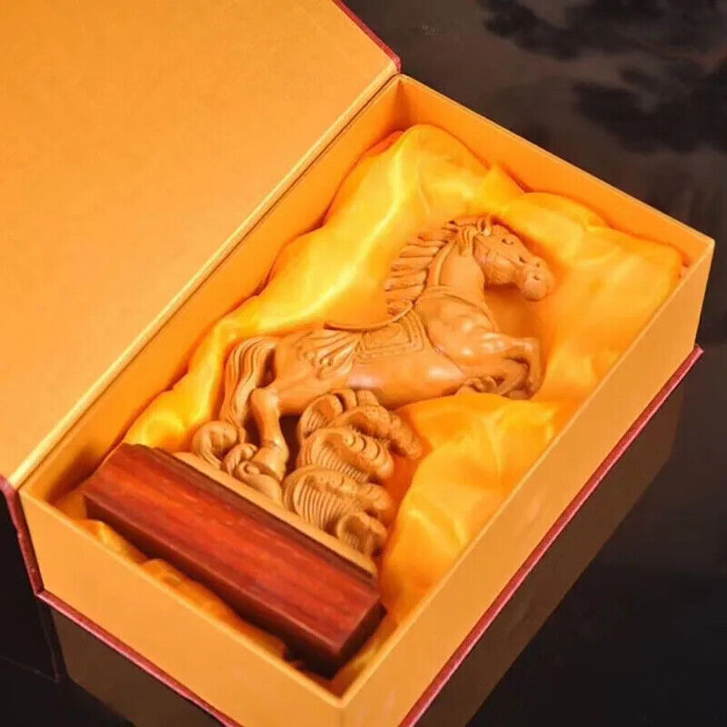 Natural Cypress Animal Horse Statue Carving Of Solid Wood Home Room Office 7.2in