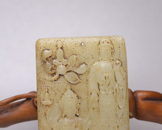 Chinese Old Natural Hetian Jade Carved Kuan Yin Buddha Statue Lucky Jade Pendant
